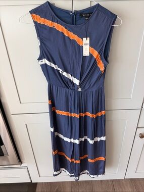 Anthropologie ATSU Navy Midi Dress with Orange & White Stripes
